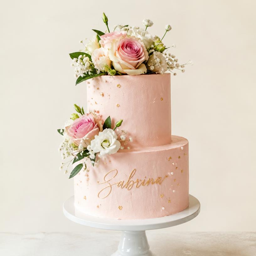 Bolo personalizado rosa de dois andares com flores
