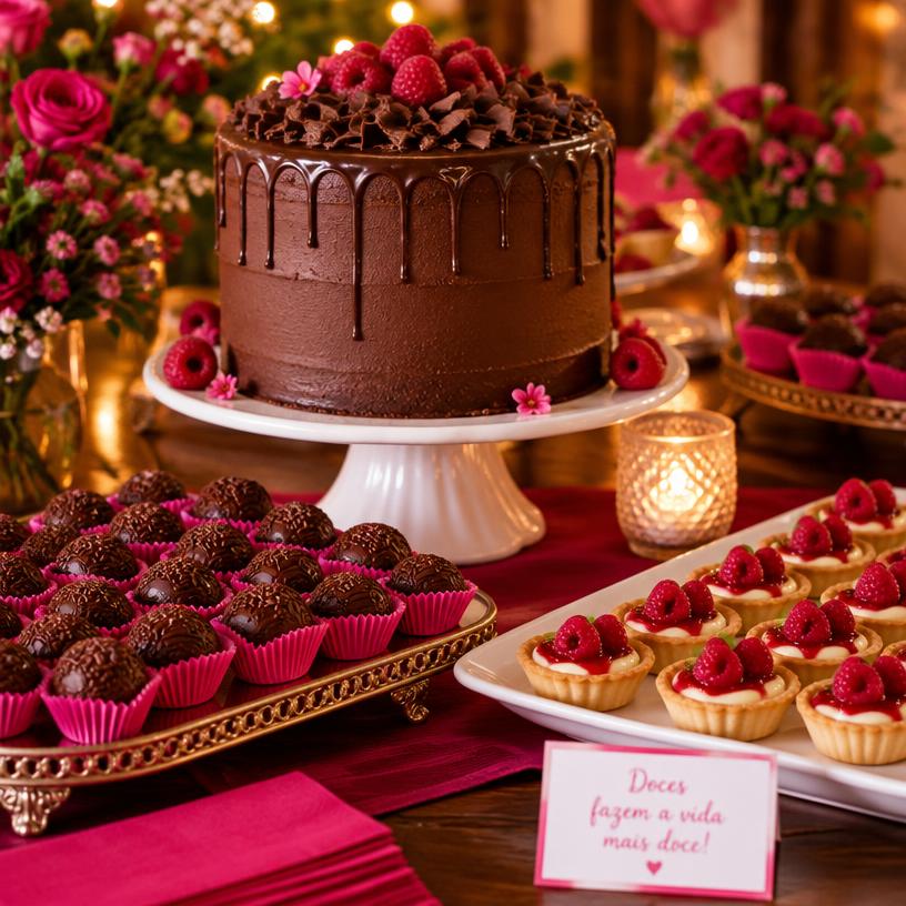 Mesa de festa com bolo de chocolate e doces